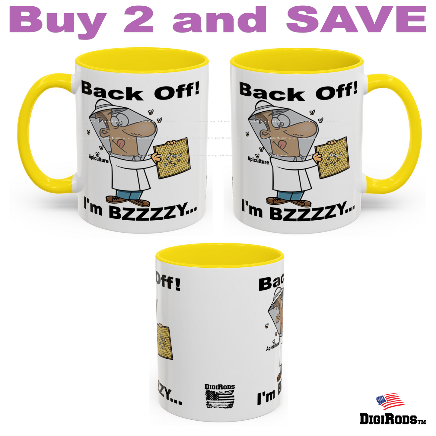 (RON) Beekeeper Apiculture Back Off ... Bzzzzy Beekeeping Ron's Fun Cartoon Graphic Art Two Tone Coffee Cup Mug