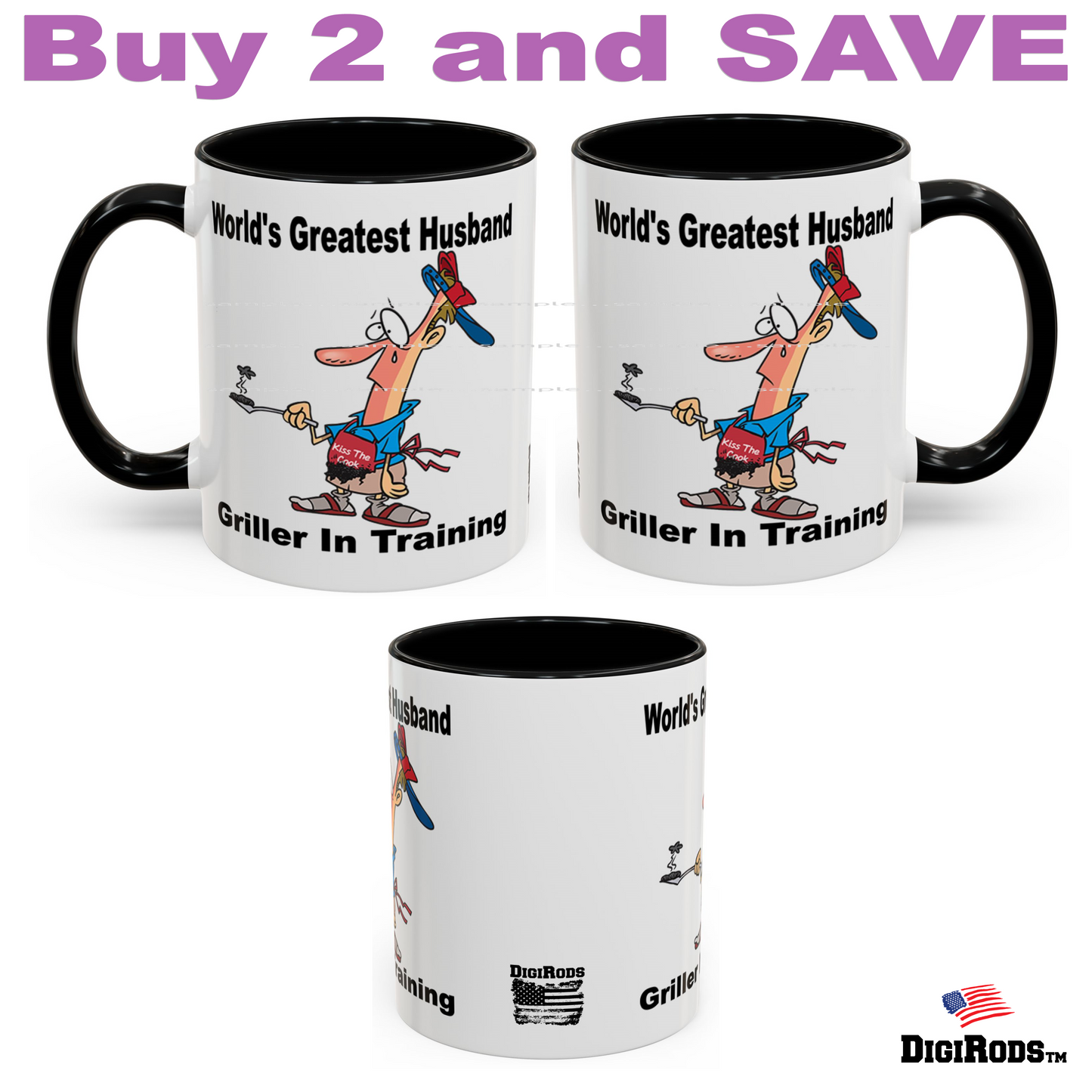 (RON) World's Greatest Husband ... Barbecue Grill Griller In Training Ron's Fun Cartoon Graphic Art Two Tone Coffee Cup Mug
