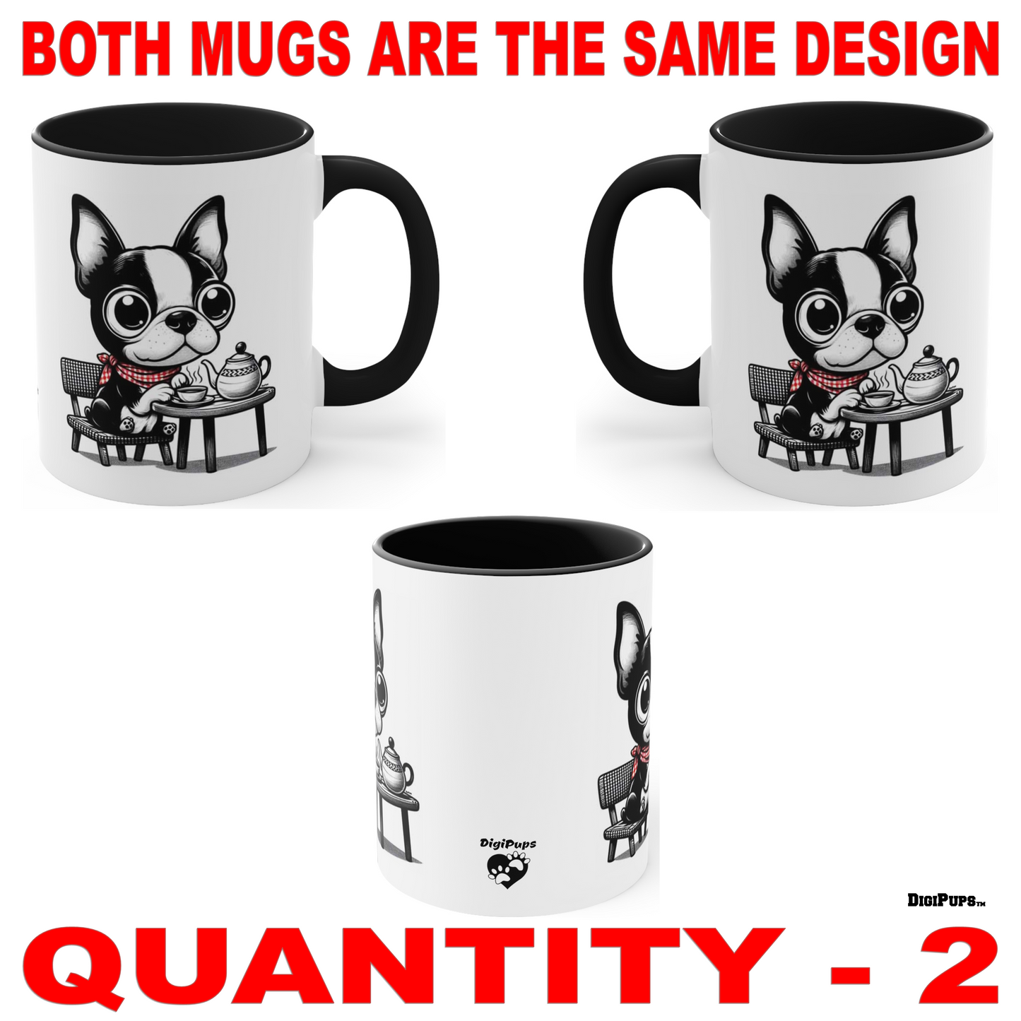 Boston Terrier *DigiPups Dog Breed Tea Party Fun Cartoon Graphic Art Coffee Cup Mug Set Of 2