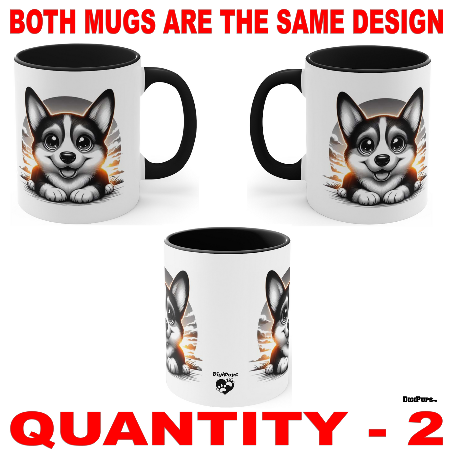 Corgi *DigiPups Dog Breed Black And White Portrait Sun Cartoon Graphic Art Coffee Cup Mug Set Of 2 (Copy)
