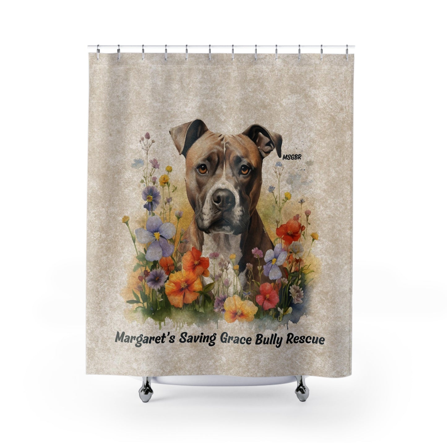MSGBR Bully Rescue Pitbull Dog Breed Floral Pet Portrait Bathroom Shower Curtain