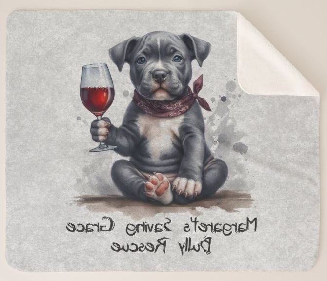 MSGBR Bully Rescue Pitbull Dog Cartoon Graphic Wine Friend Gray Sherpa Fleece Throw Blanket