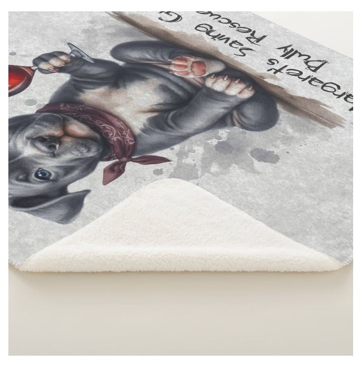 MSGBR Bully Rescue Pitbull Dog Cartoon Graphic Wine Friend Gray Sherpa Fleece Throw Blanket