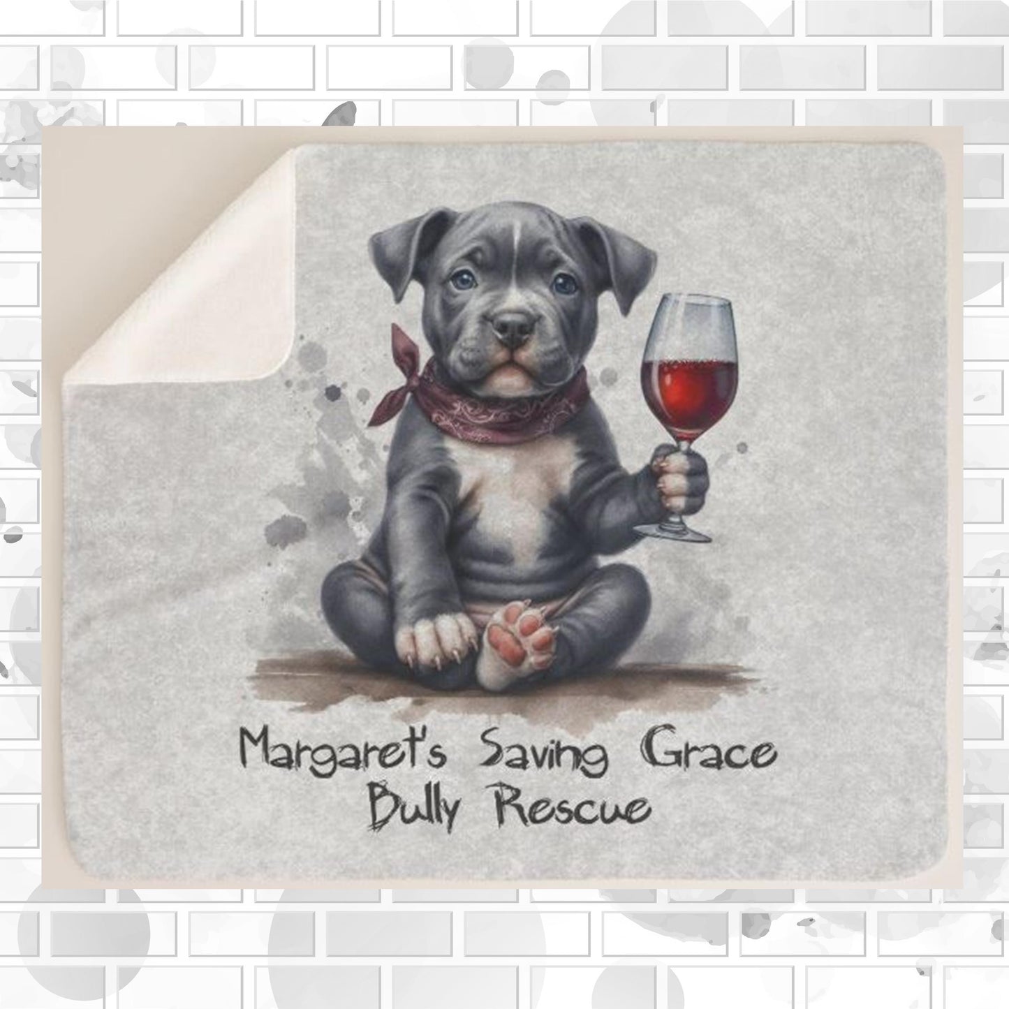 MSGBR Bully Rescue Pitbull Dog Cartoon Graphic Wine Friend Gray Sherpa Fleece Throw Blanket