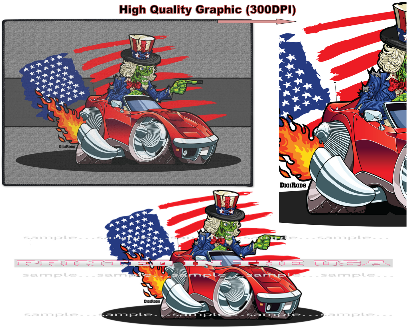 (*DigiToon) Uncle Sam Patriotic Zombie Corvette C3 Hot Rod DigiRods Cartoon Car Series Doormat Door Mat Rug