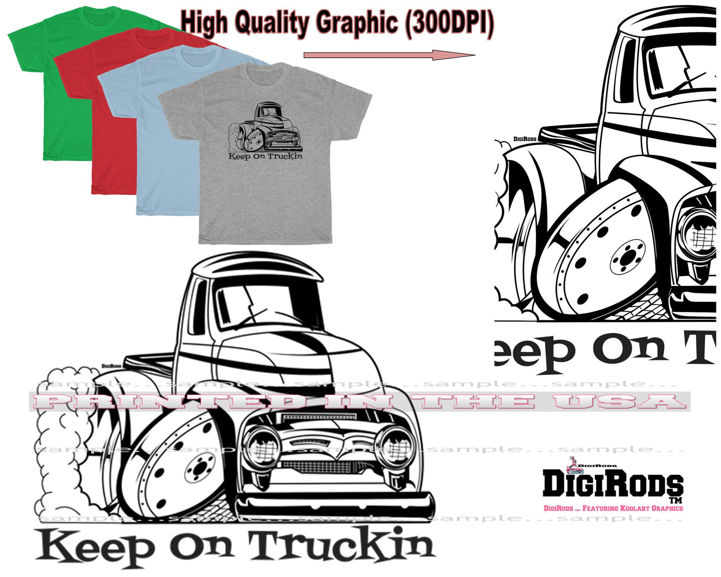 (FOR) Ford Vintage F1 F100 Truck Keep On Truckin DigiRods Cartoon Black Outline T Shirt - 4 Colors