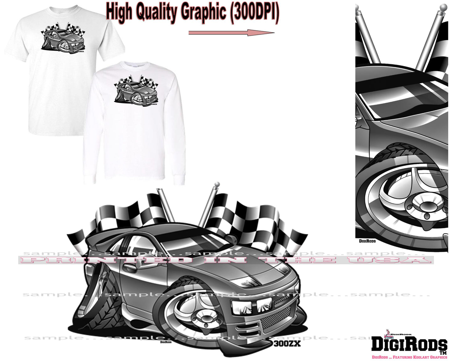 (NIS) 300ZX 300 ZX Model Year Monochrome Racing Flags DigiRods Cartoon Car Short/Long Sleeve T Shirt