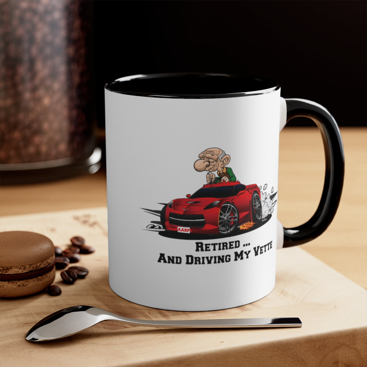 (*DigiToon) Retired And Driving My Corvette C7 Old Man DigiRods Cartoon Car Coffee Cup Mug