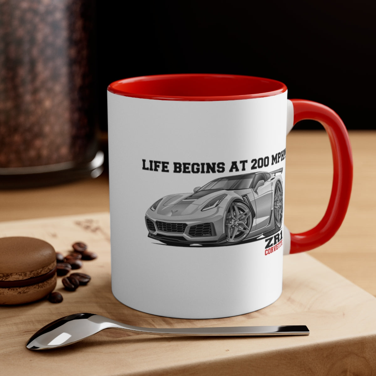 (CHE) Chevy Corvette C7 ZR1 Life Begins At 200 MPH DigiRods Cartoon Car Coffee Cup Mug