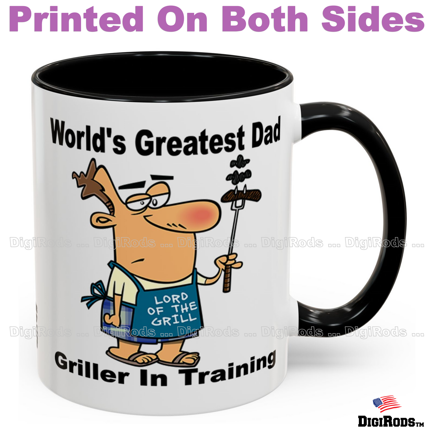 (RON) World's Greatest Dad ... Barbecue Grill Griller In Training Ron's Fun Cartoon Graphic Art Two Tone Coffee Cup Mug