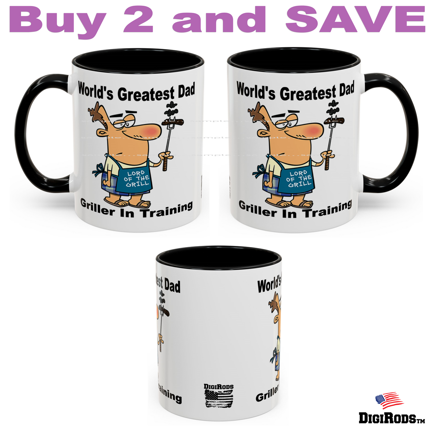 (RON) World's Greatest Dad ... Barbecue Grill Griller In Training Ron's Fun Cartoon Graphic Art Two Tone Coffee Cup Mug