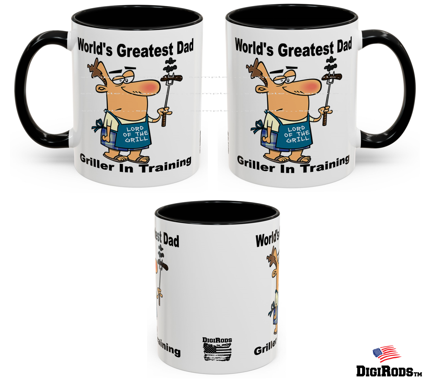 (RON) World's Greatest Dad ... Barbecue Grill Griller In Training Ron's Fun Cartoon Graphic Art Two Tone Coffee Cup Mug