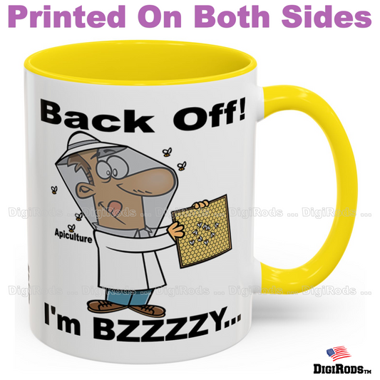 (RON) Beekeeper Apiculture Back Off ... Bzzzzy Beekeeping Ron's Fun Cartoon Graphic Art Two Tone Coffee Cup Mug