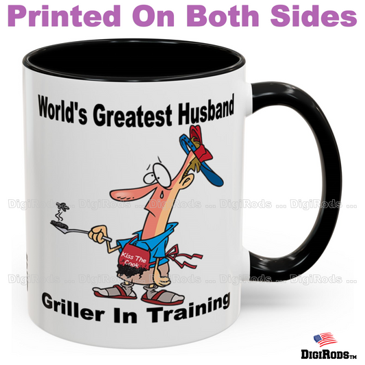 (RON) World's Greatest Husband ... Barbecue Grill Griller In Training Ron's Fun Cartoon Graphic Art Two Tone Coffee Cup Mug (Copy)