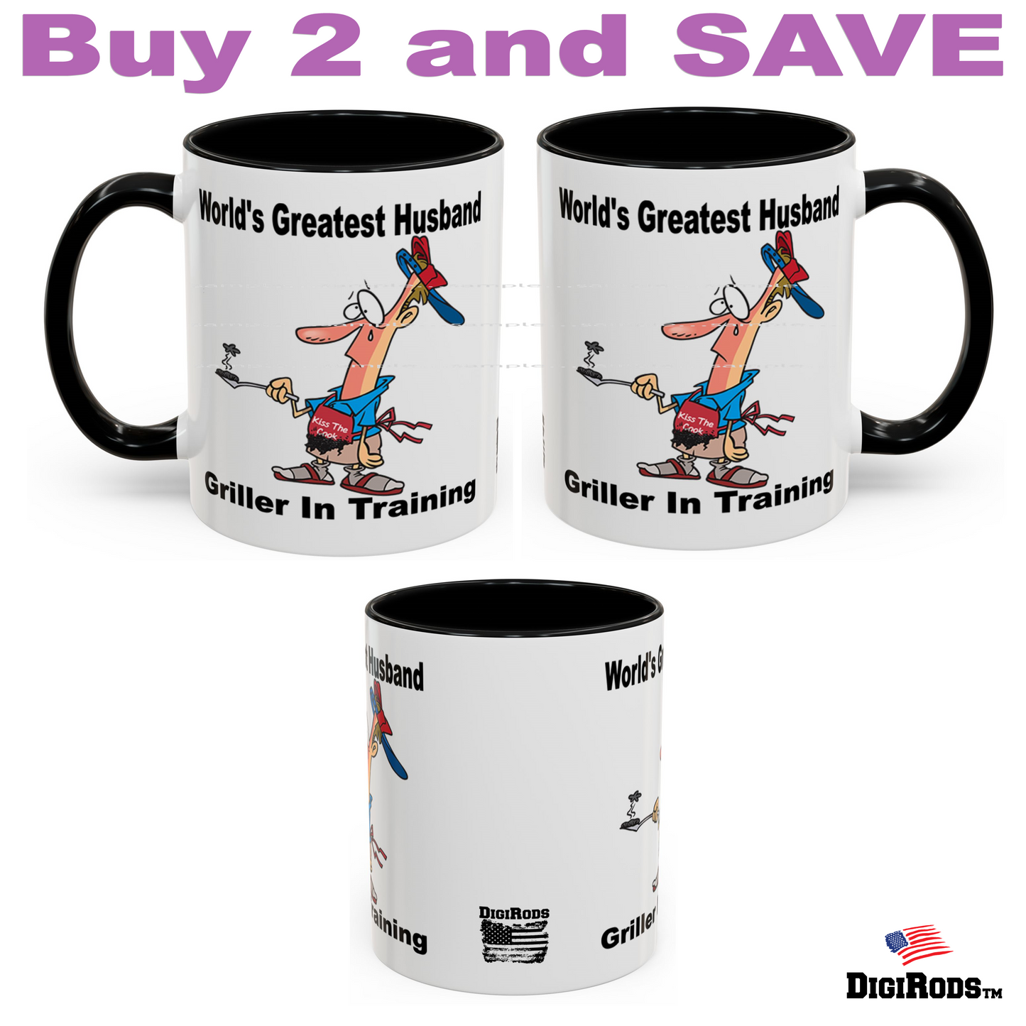 (RON) World's Greatest Husband ... Barbecue Grill Griller In Training Ron's Fun Cartoon Graphic Art Two Tone Coffee Cup Mug (Copy)