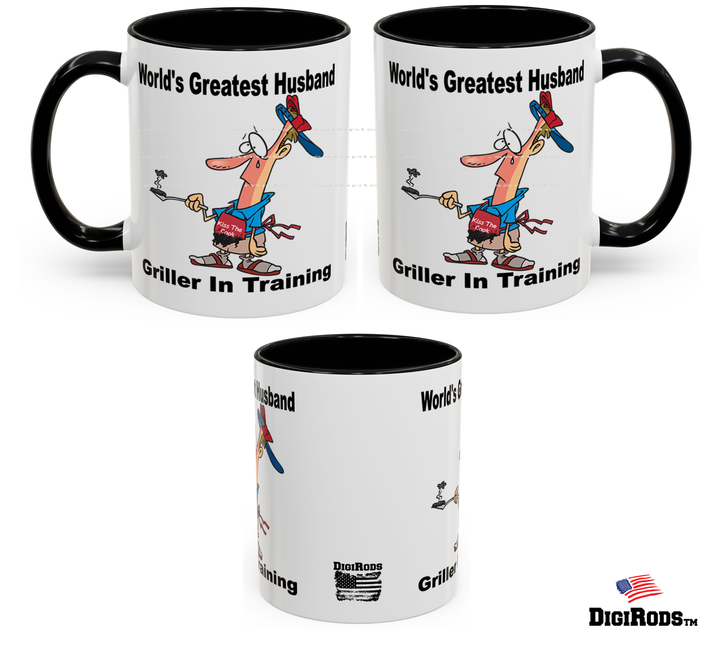 (RON) World's Greatest Husband ... Barbecue Grill Griller In Training Ron's Fun Cartoon Graphic Art Two Tone Coffee Cup Mug (Copy)