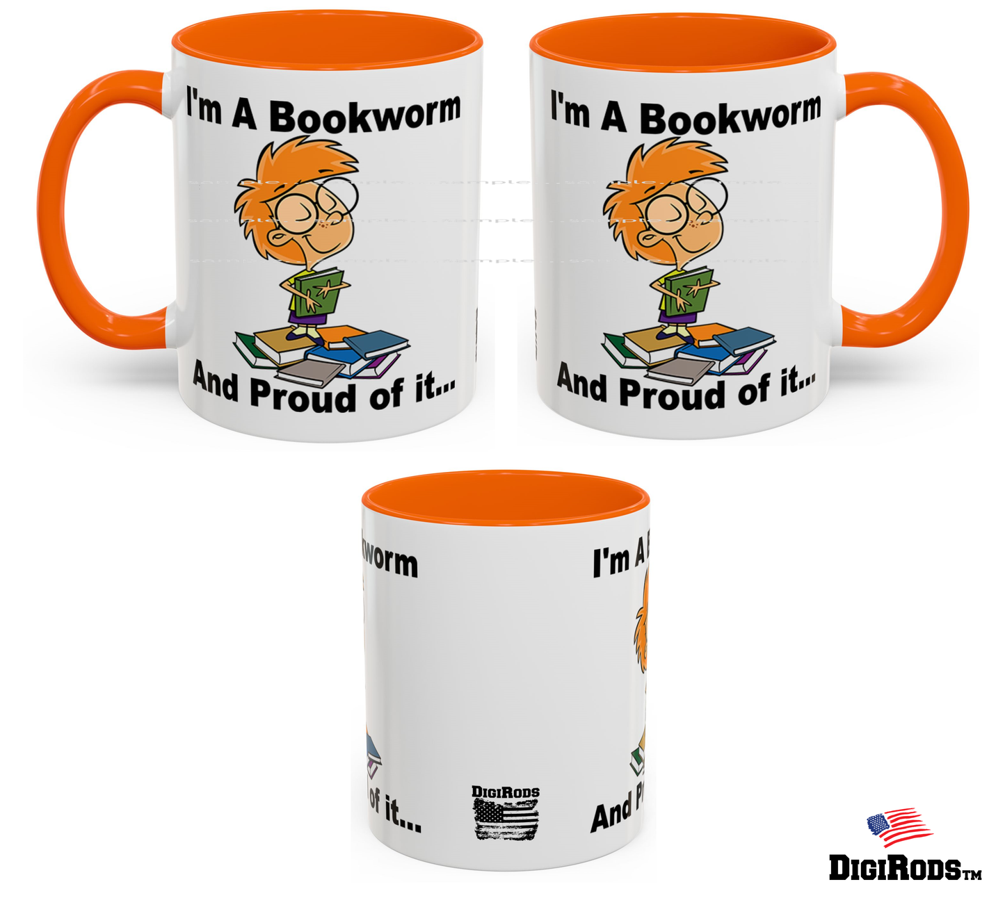 (RON) I'm A Bookworm And Proud Of It Ron's Fun Cartoon Graphic Art Two Tone Coffee Cup Mug