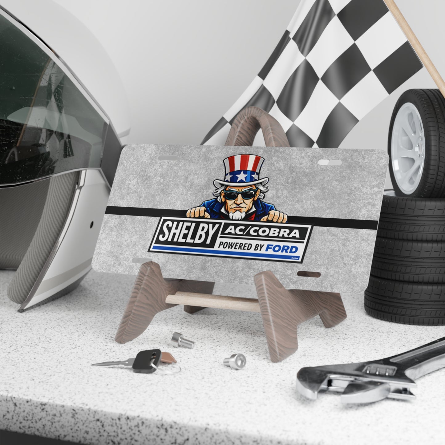 (AC) AC Shelby Cobra 427 Uncle Sam Powered By Ford DigiRods Cartoon Car Logo Vanity License Plate