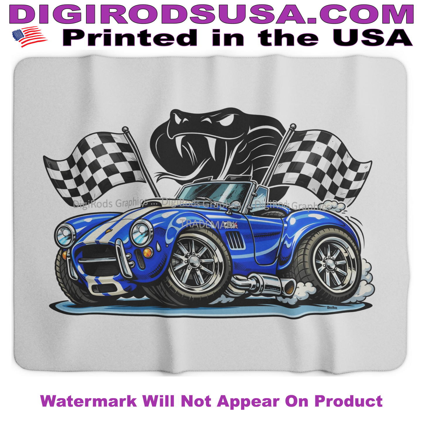 (AC) AC Shelby Cobra 427 Model Snake Attack DigiRods Cartoon Car Sherpa Fleece Blanket
