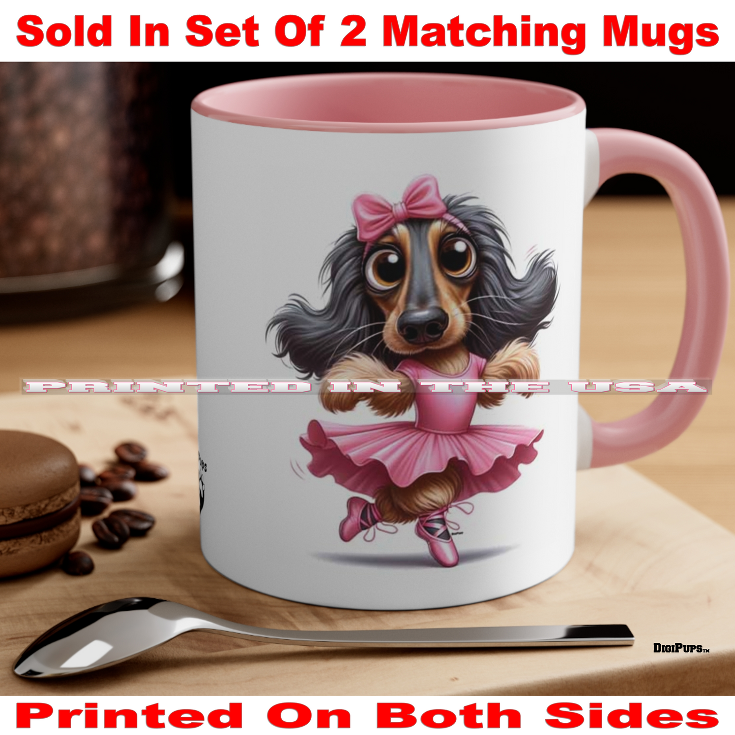 Afghan Hound *DigiPups Dog Breed Pink Girl Puppy Ballerina Cartoon Graphic Art Coffee Cup Mug Set Of 2