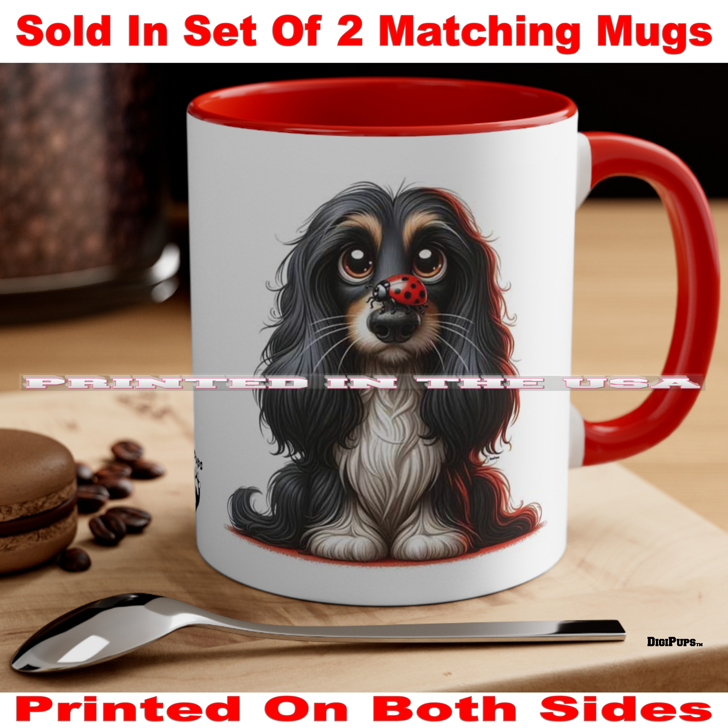 Afghan Hound *DigiPups Dog Breed Red Ladybug On Nose Cartoon Graphic Art Coffee Cup Mug Set Of 2