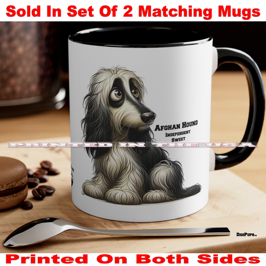 Afghan Hound *DigiPups Dog Breed AKC Traits Cartoon Graphic Art Coffee Cup Mug Set Of 2