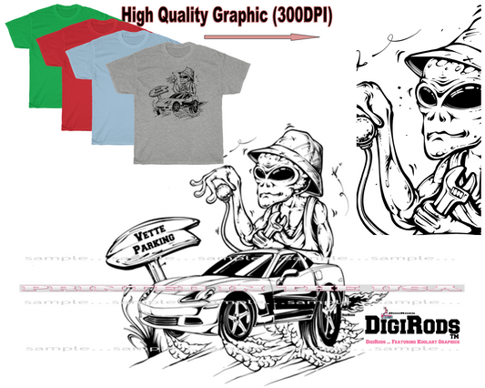 (*DigiToon) Alien ET Space Race Corvette C4 Hot Rod Parking DigiRods Cartoon Car Series T Shirt - 4 Colors