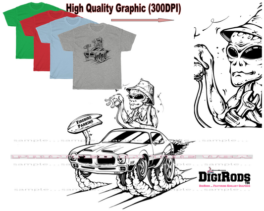 (*DigiToon) Alien ET Space Race Pontiac Firebird Hot Rod Parking DigiRods Cartoon Car Series T Shirt - 4 Colors