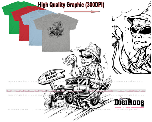 (*DigiToon) Alien ET Space Race Deuce Coupe Hot Rod Parking DigiRods Cartoon Car Series T Shirt - 4 Colors