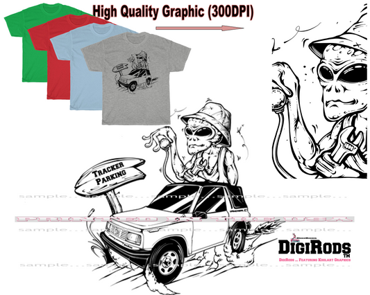 (*DigiToon) Alien ET Space Race Geo Tracker Hot Rod Parking DigiRods Cartoon Car Series T Shirt - 4 Colors