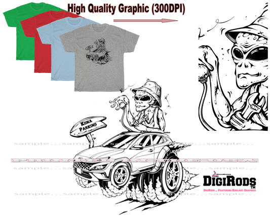 (*DigiToon) Alien ET Space Race Kona SUV Hot Rod Parking DigiRods Cartoon Car Series T Shirt - 4 Colors
