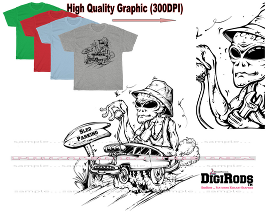 (*DigiToon) Alien ET Space Race Mercury Lead Sled Hot Rod Parking DigiRods Cartoon Car Series T Shirt - 4 Colors