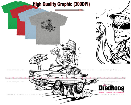 (*DigiToon) Alien ET Space Race Chevy Nomad Hot Rod Parking DigiRods Cartoon Car Series T Shirt - 4 Colors