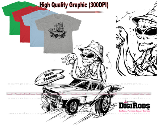 (*DigiToon) Alien ET Space Race Chevy Nova Hot Rod Parking DigiRods Cartoon Car Series T Shirt - 4 Colors