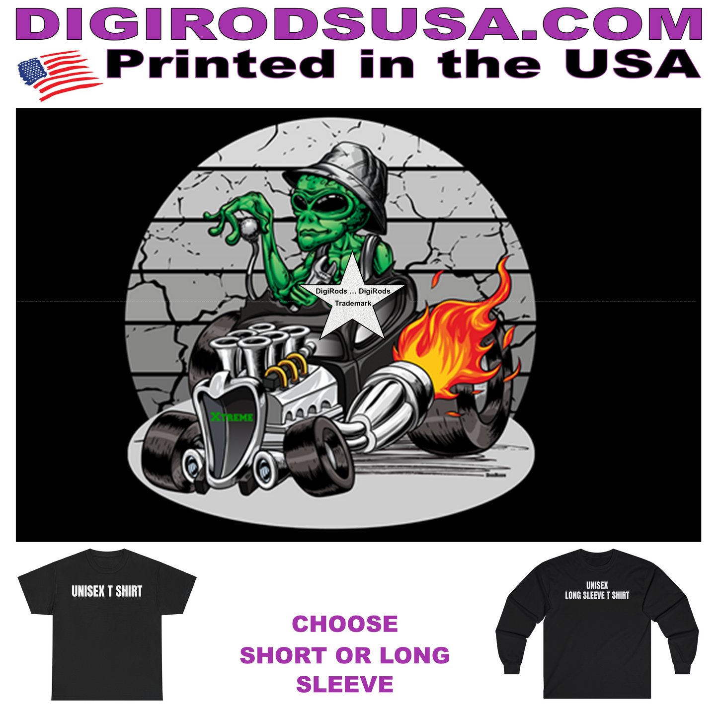(*DigiToon) XRod Extreme Hot Rod ET Alien Racer DigiRods Cartoon Car Series Short/Long Sleeve T Shirt