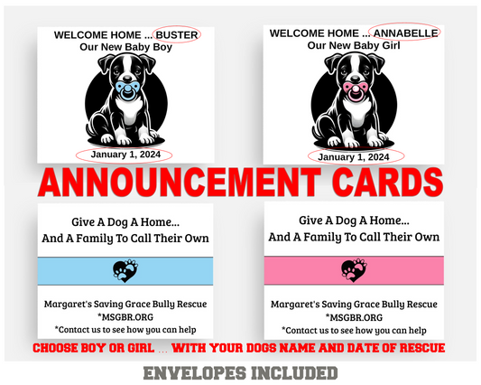 MSGBR Bully Rescue Pitbull Dog Breed Double Sided Rescue Announcement Cards For Boy Or Girl ( Envelopes Included )