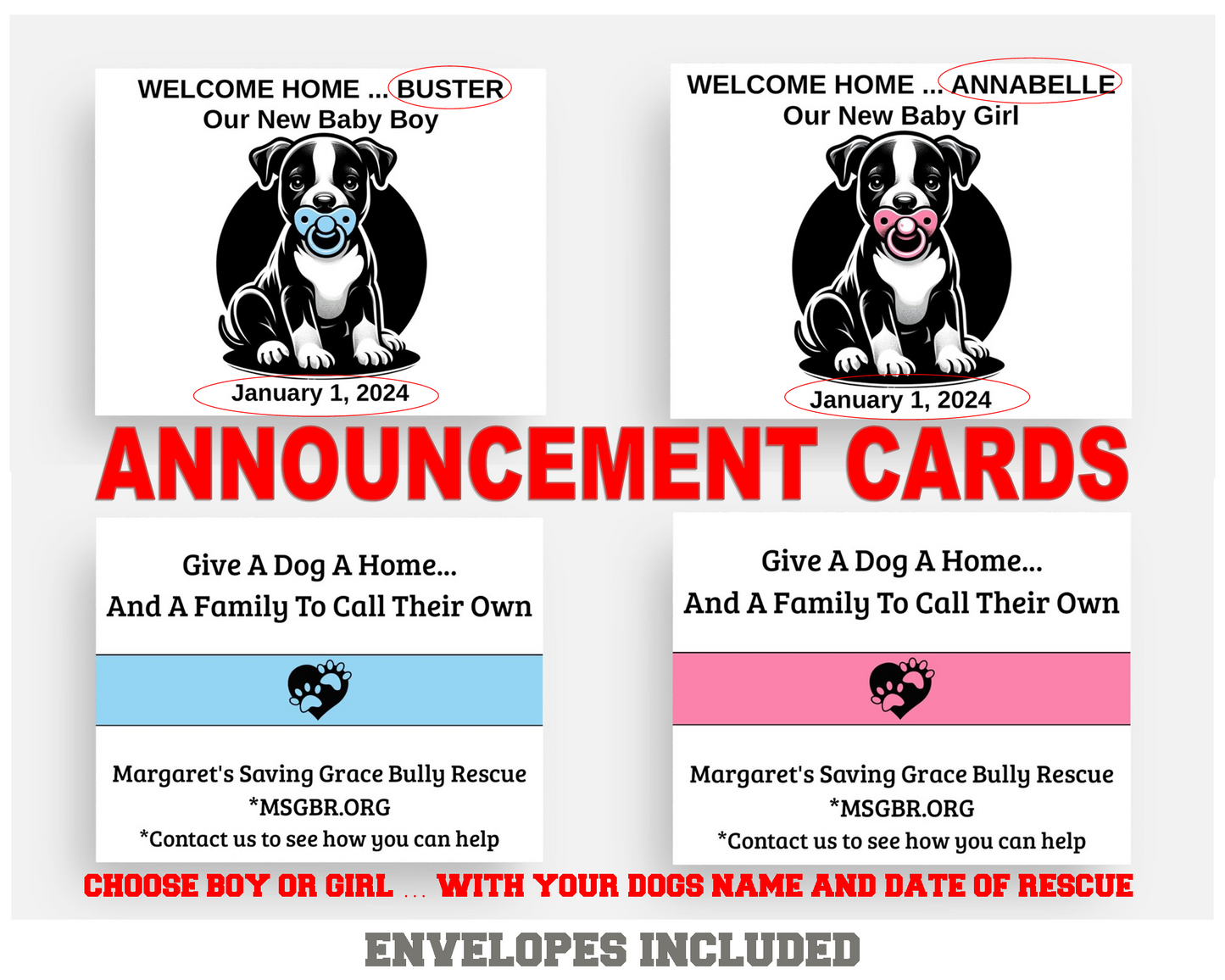 MSGBR Bully Rescue Pitbull Dog Breed Double Sided Rescue Announcement Cards For Boy Or Girl ( Envelopes Included )