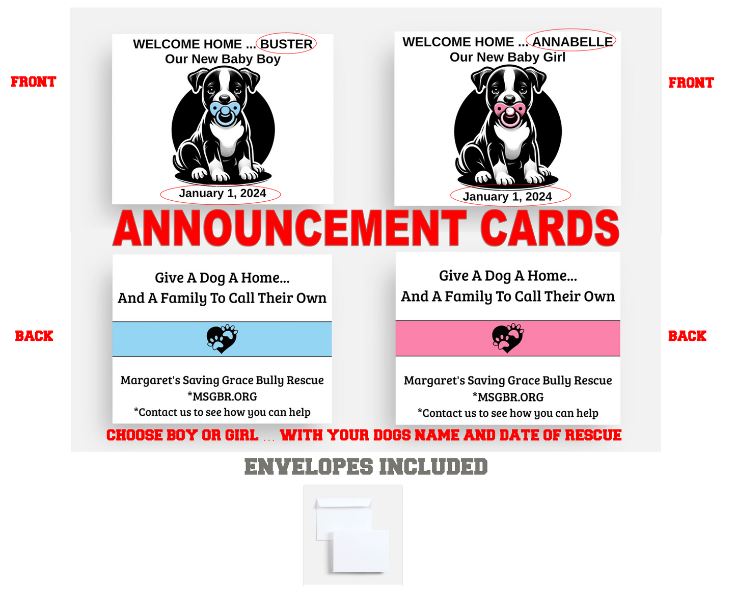 MSGBR Bully Rescue Pitbull Dog Breed Double Sided Rescue Announcement Cards For Boy Or Girl ( Envelopes Included )