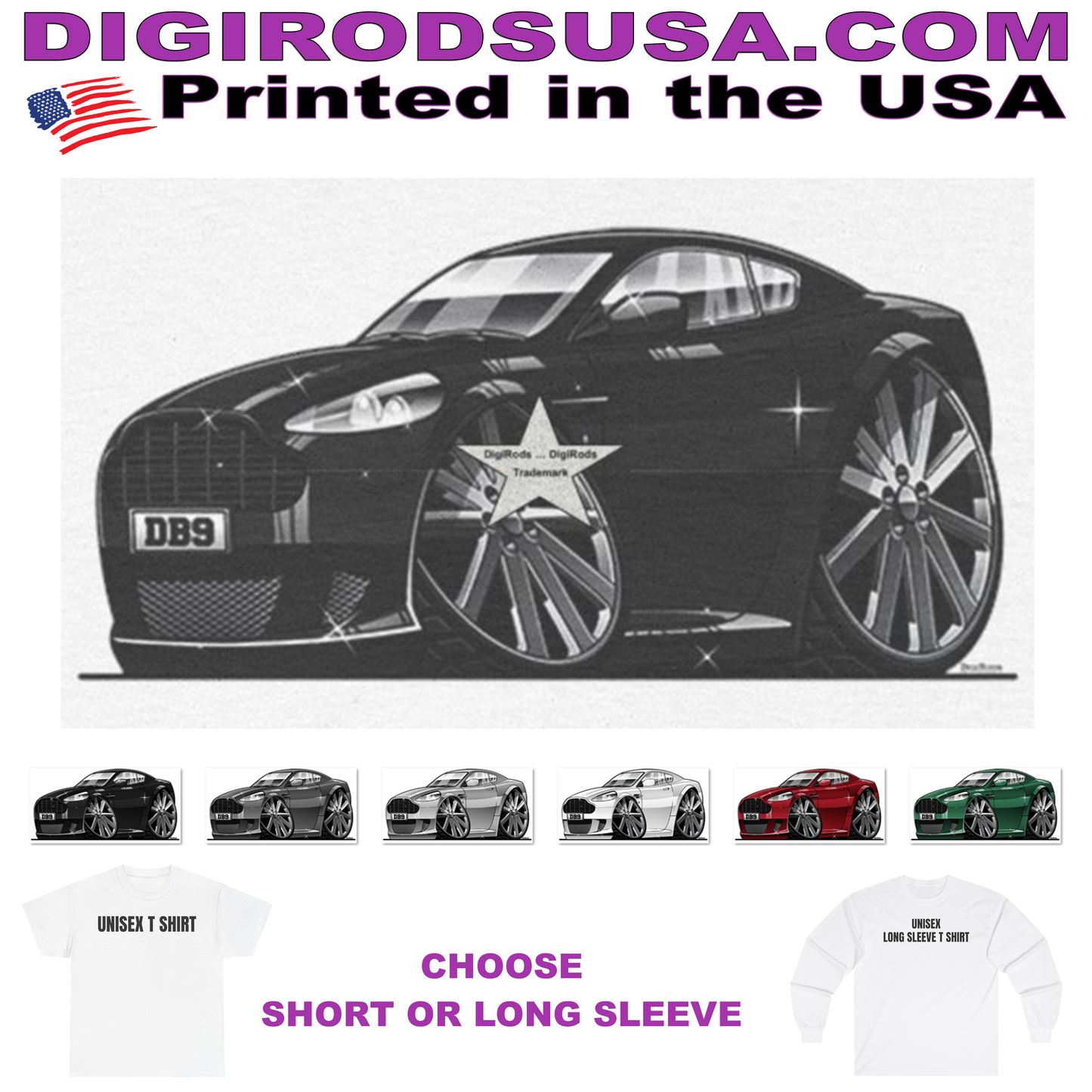 (AST) Aston Martin DB9 Exotic British Model DigiRods Cartoon Car Graphics T Shirt