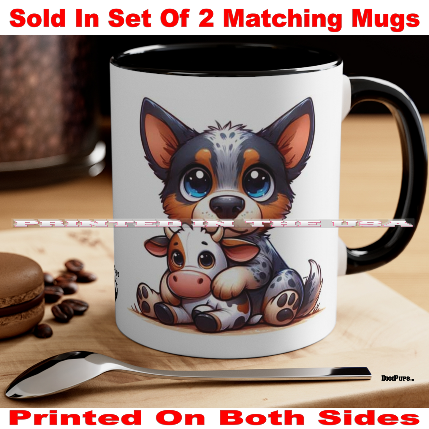 Australian Cattle Dog *DigiPups Dog Breed Cow Toy Hug Cartoon Graphic Art Coffee Cup Mug Set Of 2