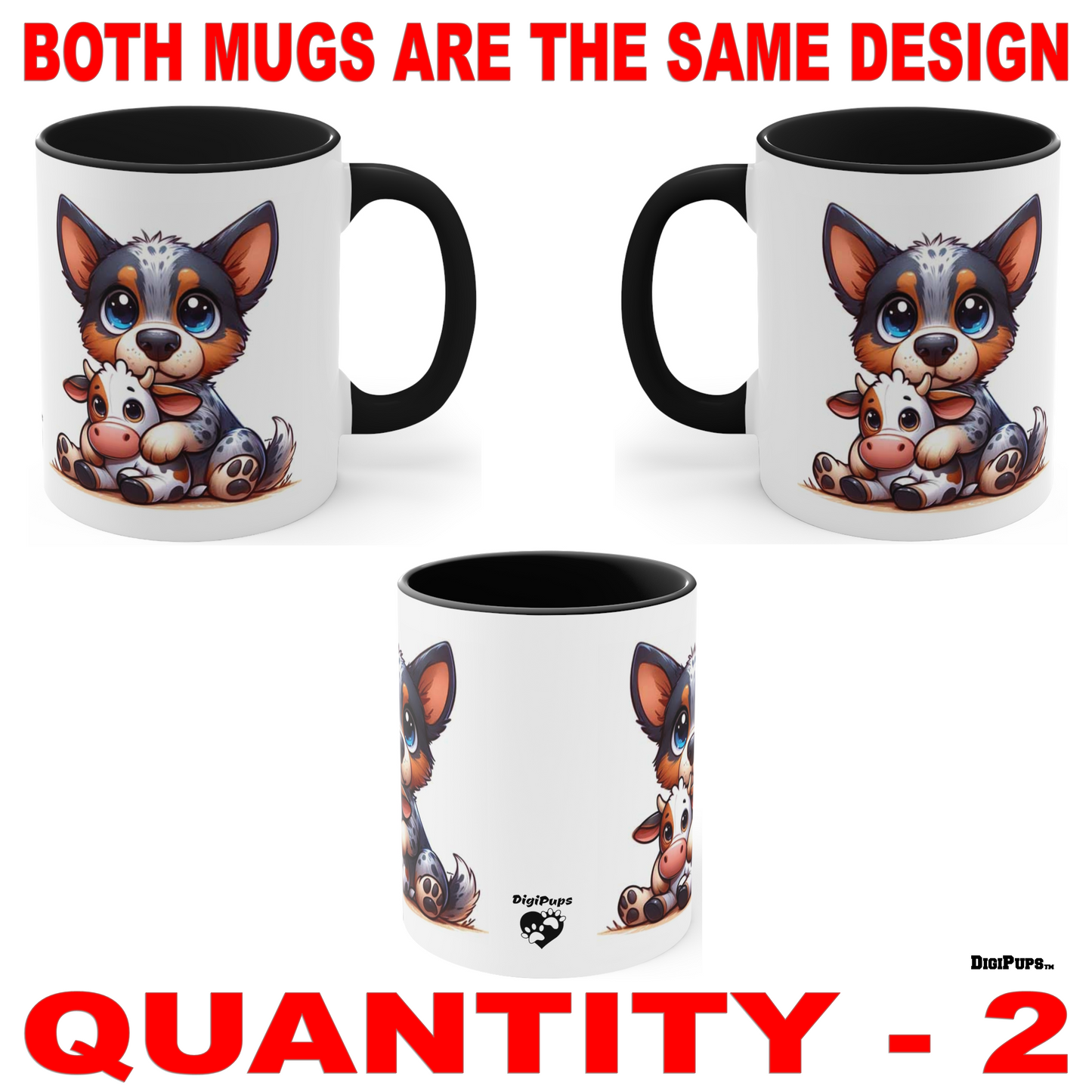 Australian Cattle Dog *DigiPups Dog Breed Cow Toy Hug Cartoon Graphic Art Coffee Cup Mug Set Of 2