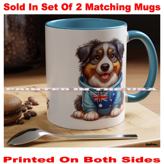 Australian Shepherd *DigiPups Dog Breed Flag Theme Hoodie Cartoon Graphic Art Coffee Cup Mug Set Of 2