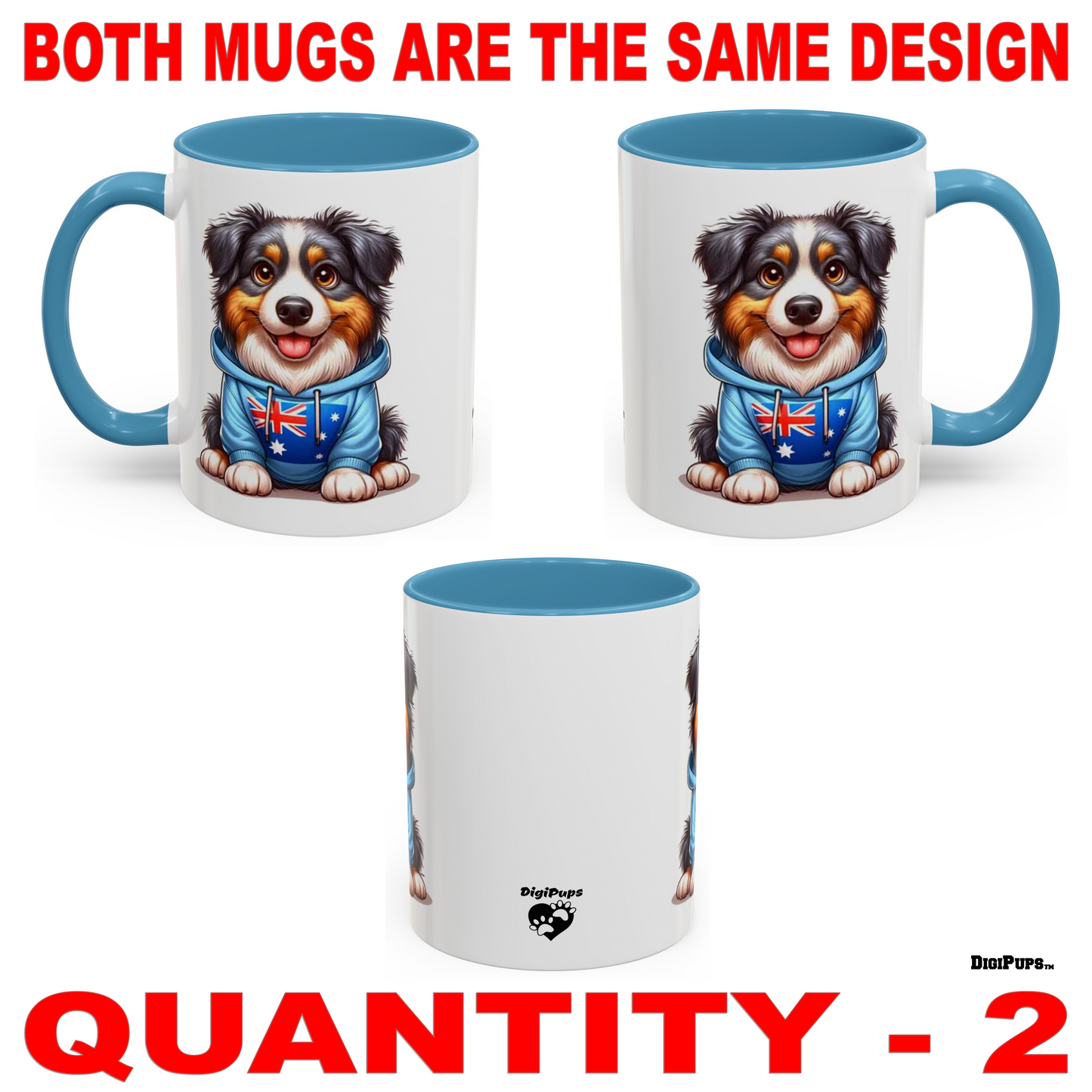 Australian Shepherd *DigiPups Dog Breed Flag Theme Hoodie Cartoon Graphic Art Coffee Cup Mug Set Of 2