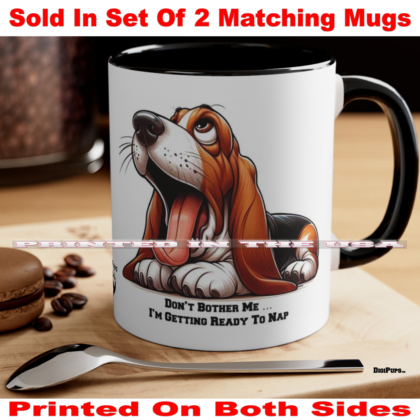 Basset Hound *DigiPups Dog Breed Nap Time Cartoon Graphic Art Coffee Cup Mug Set Of 2
