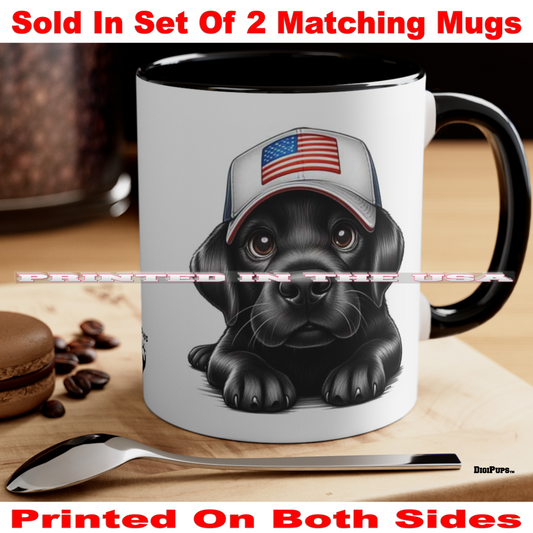 Black Lab Labrador Retriever *DigiPups Dog Breed Anerican Flag Cap Cartoon Graphic Art Coffee Cup Mug Set Of 2