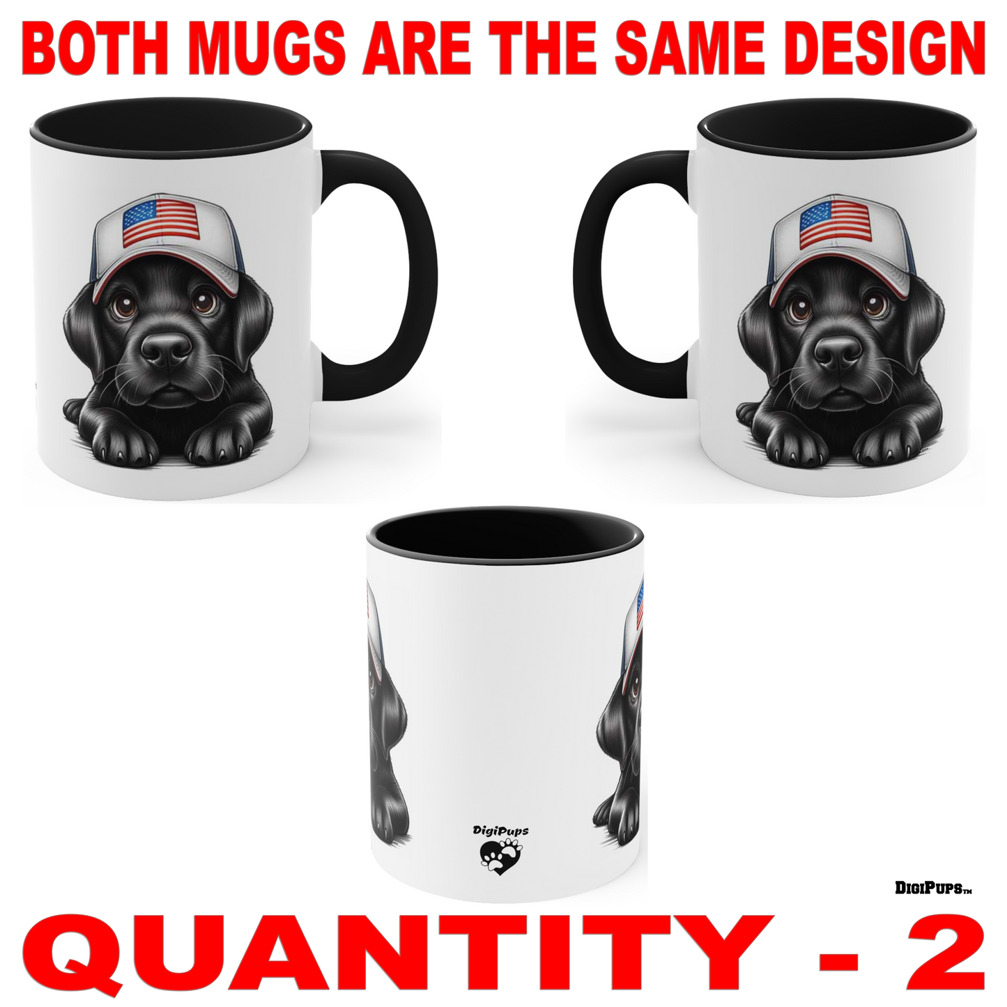 Black Lab Labrador Retriever *DigiPups Dog Breed Anerican Flag Cap Cartoon Graphic Art Coffee Cup Mug Set Of 2