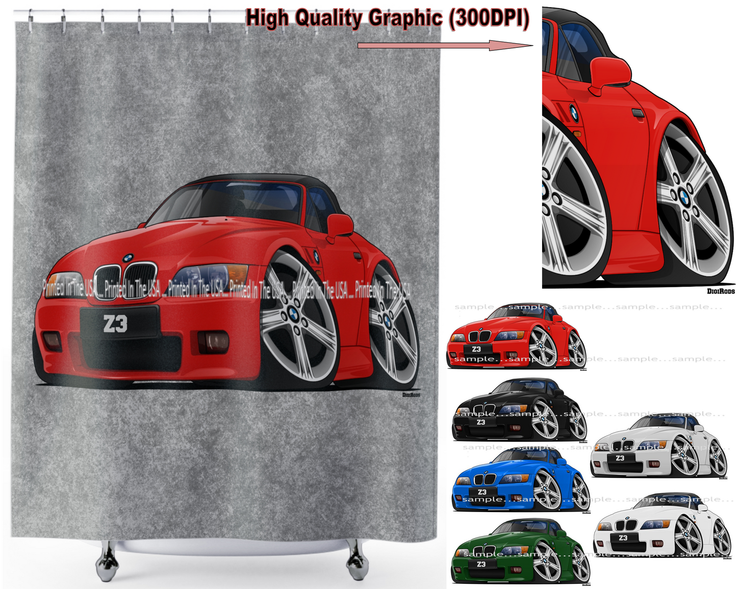 (BMW) Z3 Z 3 German Convertible Sports Car DigiRods Cartoon Car Series Bathroom Shower Curtain