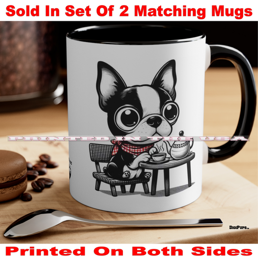 Boston Terrier *DigiPups Dog Breed Tea Party Fun Cartoon Graphic Art Coffee Cup Mug Set Of 2