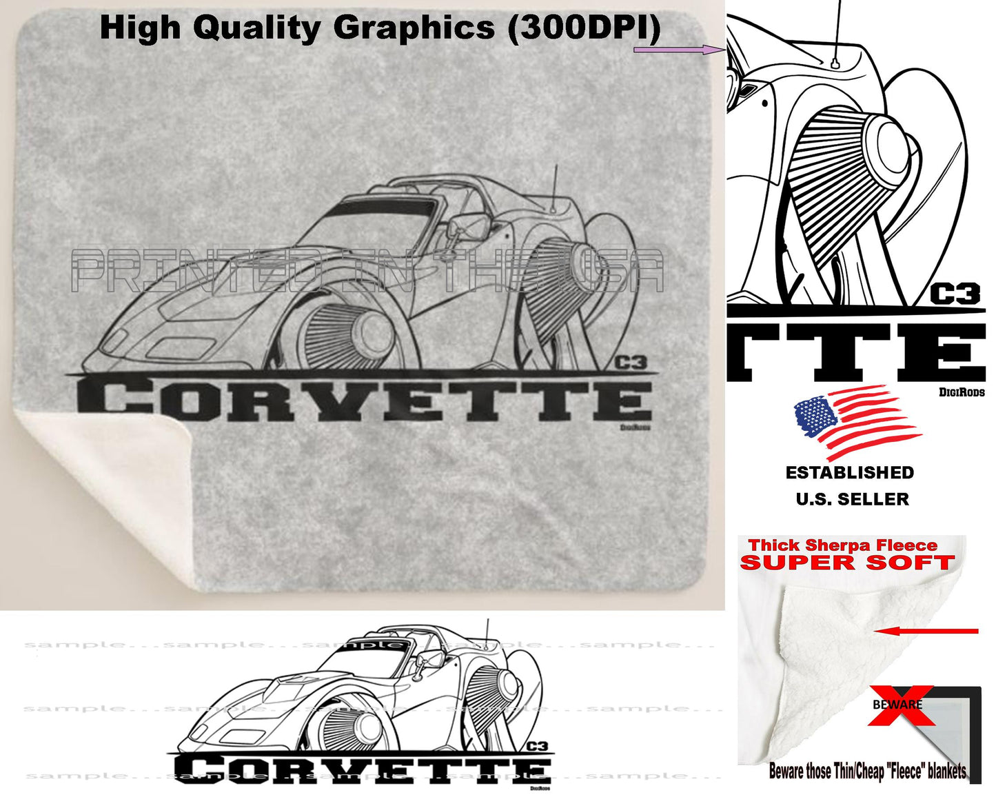 (CHE) Corvette C3 Side View DigiRods Cartoon Car Black Outline Sherpa Fleece Throw Blanket