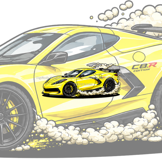 (CHE) DigiRods Corvette C8 2022 Yellow C8.R Edition Model Cartoon Car T Shirt